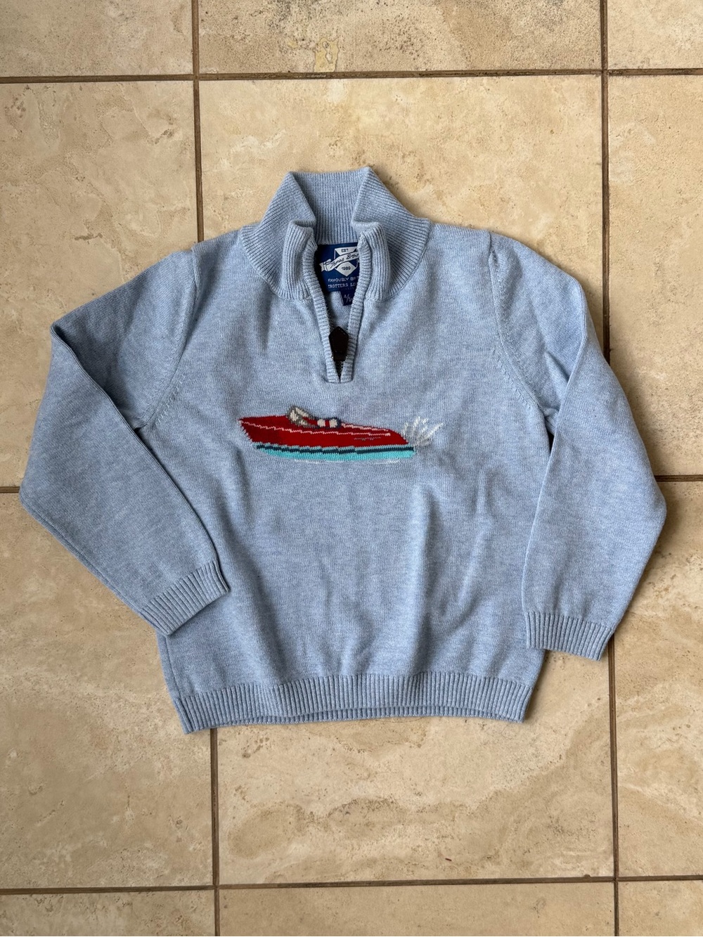Trotters Light Blue Half-Zip Sweater with Red Boat Motif